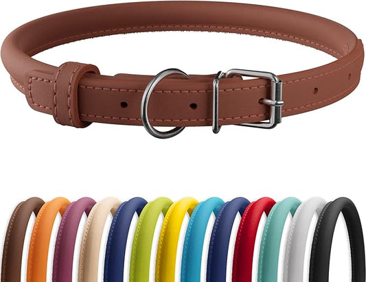 CollarDirect Rolled Leather Dog Collar, Soft Padded Round Puppy Collar, Handmade Genuine Leather Collar Dog Small Large Cat Collars 13 Colors (8-11 Inch, Cinnamon Smooth)