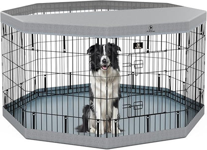 PJYuCien Dog Playpenr，8 Panels 30”H Dog Playpen with Gery Bottom Pad and Grey Top Cover，Metal Foldable Dog Exercise Pen for Indoor，Better for Medium Animals,Black