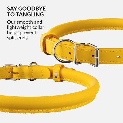 CollarDirect Rolled Leather Dog Collar, Soft Padded Round Puppy Collar, Handmade Genuine Leather Collar Dog Small Large Cat Collars 13 Colors (13-16 Inch, Yellow Smooth)