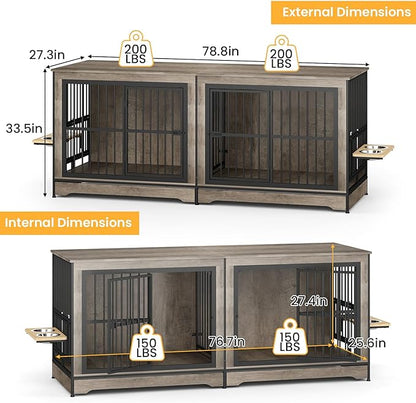 78'' Double Dog Crate Furniture for 2 Dogs, Double Dog Kennel with 360° Rotating and Adjustable Height Dog Bowl Holder with 4 Bowls, Grey Dog Kennel with Divider for Small Medium Large Dogs