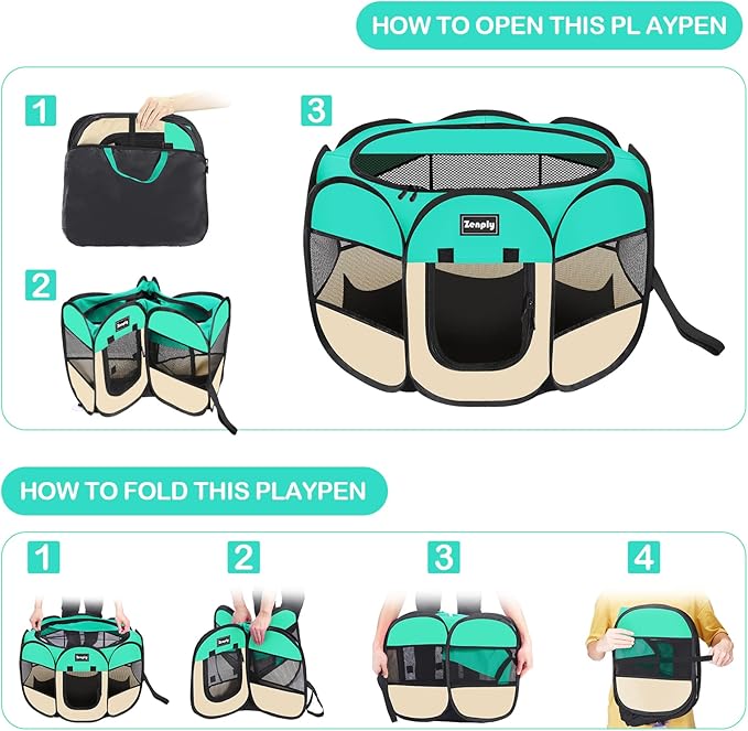 Portable Pet Dog Playpen, Pet Playpen Foldable Extra Heavy Duty Pop Up No Assembly Kennel Tent Crate Indoor Outdoor with Shade Ventilation Mesh for Small Dog, Kitten, Cat, Rabbit (Turquoise)
