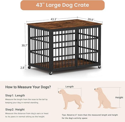 KEIKI Dog Crate Furniture, 43.3" Iron Dog Crate on Wheels with Side Openings, Double-Door Dog House for Small/Medium/Large Dog, Rustic Brown