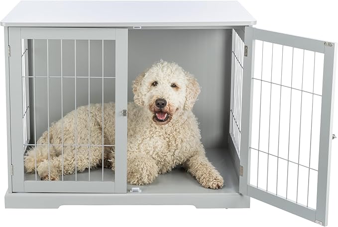 TRIXIE 38.7" Indoor Dog Crate, Wooden Crate Table for Dogs Up to 66 lb, Large Dog Kennel, Perfect in Any Room, Gray