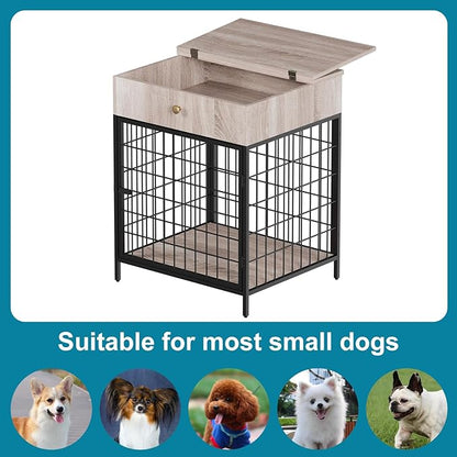 Decorative Grey Steel-Tube Dog Kennel Table with Drawer, Chew-Proof Indoor Pet Crate End Table for Small Dogs