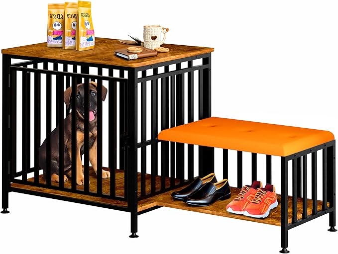 Shoe Bench Dog Crate with Storage Chew-Proof Steel-Tube Dog Cage, Indoor Pet Crate End Table for Small Dogs