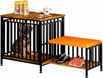 Shoe Bench Dog Crate with Storage Chew-Proof Steel-Tube Dog Cage, Indoor Pet Crate End Table for Small Dogs