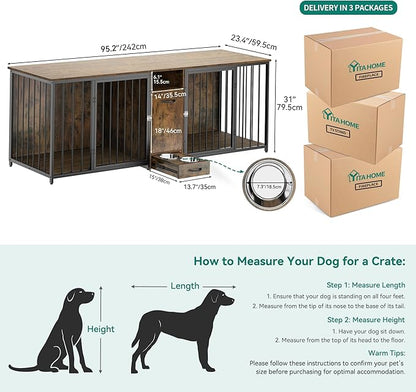 DWVO 95in Double Crate Furniture With Feeder Bowls, Wooden Large Kennel With Storage Drawer, Indoor TV Cabinet for 2 Large/Medium Dogs, Brown