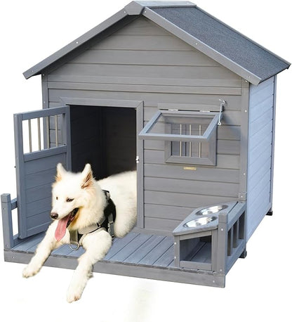 Open Waterproof Asphalt Roof Large Dogs House with Spacious Terrace,Outdoor Dog Kennel W/Small Wooden Door,Breathable Window & 2 Feeding Stainless Bowls,Fir Wood Dog Cage for Large Dogs,Gray