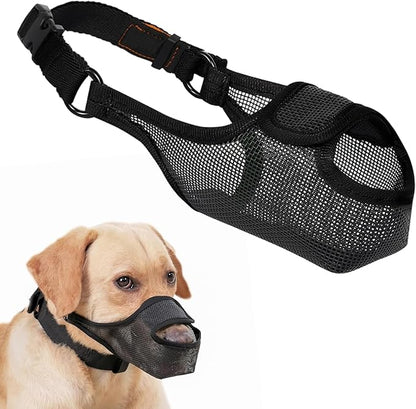 LUCKYPAW Dog Muzzle, Mesh Muzzle for Large Medium Small Dogs with Front Opening Design, Dog Mouth Cover to Prevent Biting, Licking, Chewing, Scavenging, Allows Drinking (S-Snout:7¾-8¾", Black)