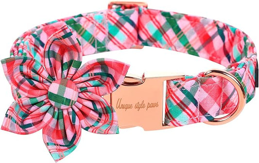 Unique style paws Dog Collar with Flower Pink & Green Plaid Dog Collar Best Gifts for Small Medium Large Dogs -S