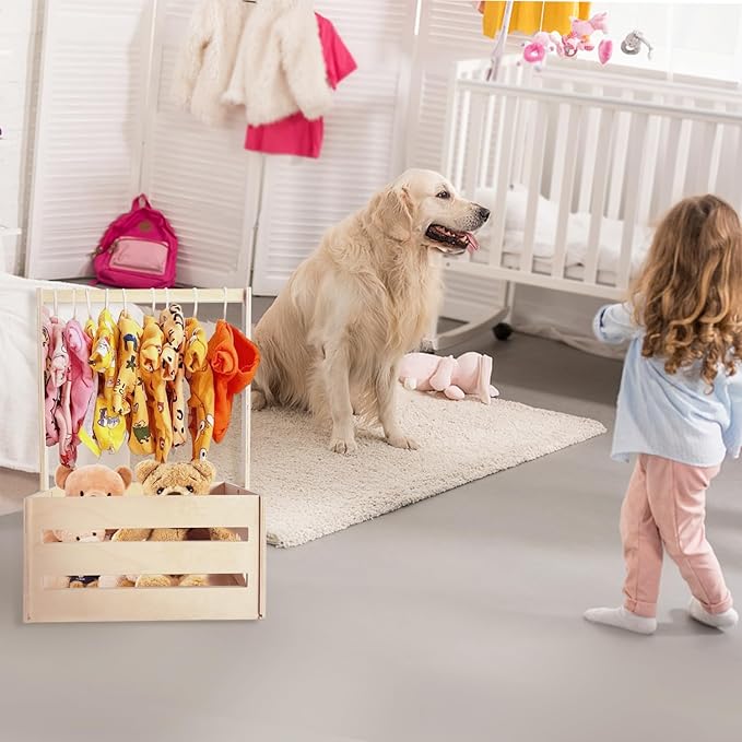 25" x 17" x 12" Wooden Pet Wardrobe Closet,Puppy Toy Basket with Hanging Rods,Pet Clothes Rack for Dog Organization and Storage,Wooden Crate for Dog/Cat Closet,Perfect for Toys Clothes and Accessories