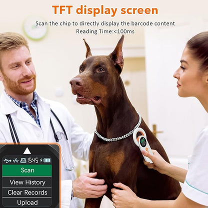 Pet Microchip Scanner Rechargeable RFID EMID Micro Chip Reader Scanner (2.4GHz Wireless+Bluetooth+USB) All in one 1.44” TFT Screen Display ISO11784 / ISO11785 / FDX-B and EMID for Animal/Pet/Dog/Cat