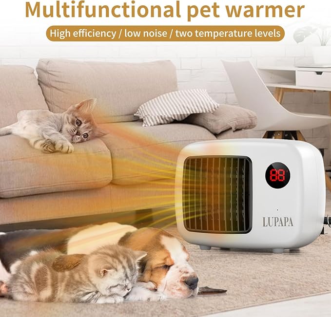 Thermostatic Dog House Heater with Anti-Bite Wires, Wall-Mounted Pet Heater with 2 Wind Speed Modes (300W/600W), Suitable for Pet House Stoves for Dogs Cats Chickens Hamsters