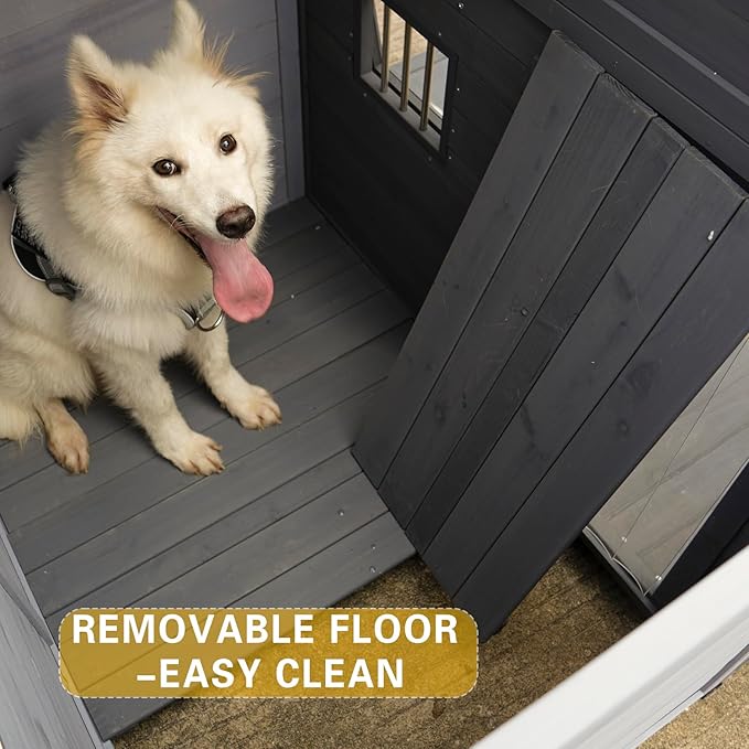YOTPO Large Outdoor Fir Wood Dog House with Spacious Terrace,Breathable Window&2 Feeding Stainless Bowls,Dog Kennel W/Solid Asphalt Roof&Removable Floor,Dog Cage W/Resting Porch for Large Dogs,Gray