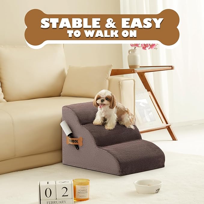 Romrol Dog Stairs Ramp for Beds Couches, Extra Wide Pet Steps with Durable Non-Slip Waterproof Fabric Cover, Pets Slope Stairs, 3-Tiers,Coffee