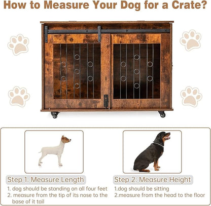 2 Rooms Dog Crate Furniture with Movable Divider,39" Wooden Dog Crate Table,Wooden Dog Kennel Pet House Cage,Flip Top 39.37”Wx25.2”Dx28.94”H