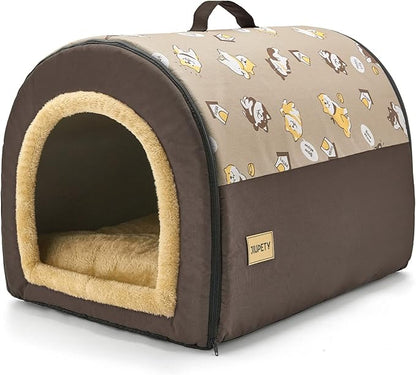 Jiupety Indoor Dog House, 2 in 1 Portable Foldable House Bed with Cover, Pet Tent & Cave Bed for Small Medium Dog, L(24"×18"×18"), Up to 20 Lb, Brown