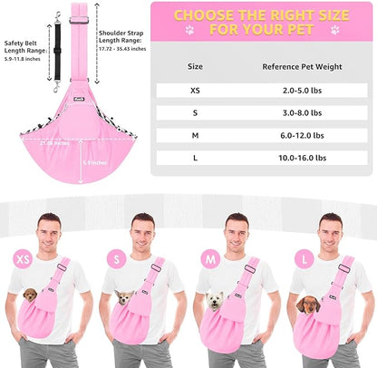 Lukovee Pet Sling, Hand Free Dog Sling Carrier Adjustable Padded Strap Tote Bag, Shoulder Bag with Safety Belt & Front Pocket for Small Dog Cat Puppy (Pink-WY,L)