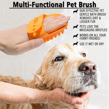 Dog Bath Brush Set - 2 Pcs Rubber Grooming and Shedding Brush for Short and Long Haired Dogs, Cats with Adjustable Handle - Perfect for Washing, Shampooing, and Bathing