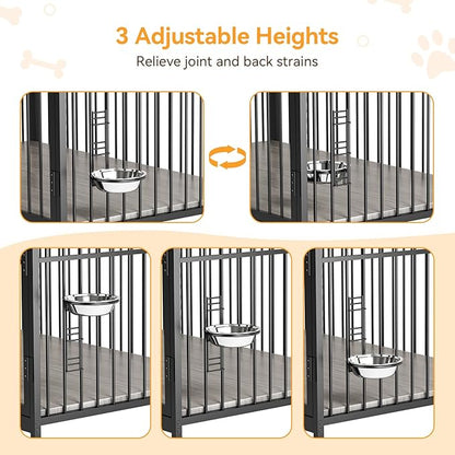 GAOMON 48" Dog Kennel Furniture for Large Dogs,Large Dog Crate, Wooden Heavy Duty, Dog Crate Indoor with Adjustable Height Bowls, 48" L X 29.9" W X 44.3" H,Grey