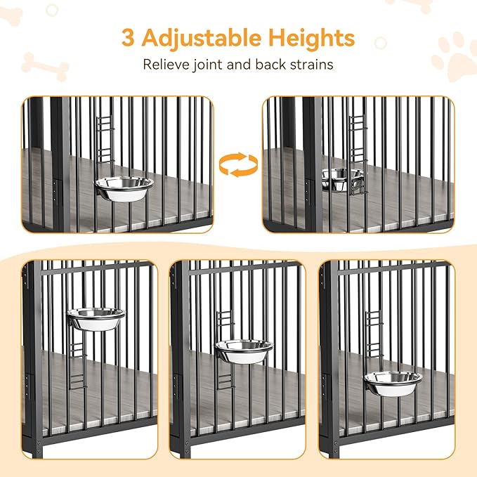 39.8" L X 22.5" W X 38.6" H Dog Crate Furniture, Dog Crate Indoor with Adjustable Height Bowls, Wooden Heavy Duty, 39.8 Inch Dog Kennel Furniture for Medium Dogs,Grey