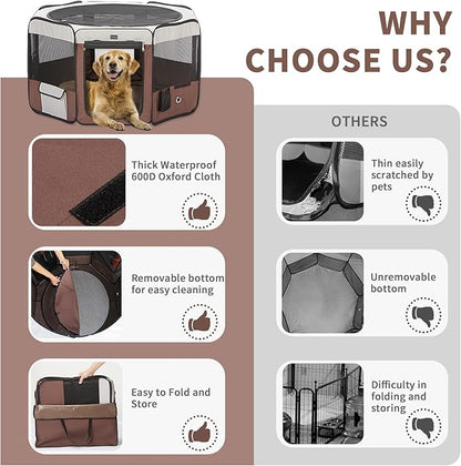 DONORO Dog Playpen 55" Portable Pet Play Pens for Medium Large Dogs, Foldable Exercise Kennel Tent Crate Indoor/Outdoor Travel Camping, Removable Top/Bottom (55"x55"x30"), 8