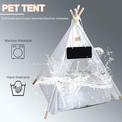 Pet Teepee, Portable Pet Tents for Small Dogs or Cats, Puppy Sweet Bed Washable Dog or Cat Houses with Cushion(White,24")