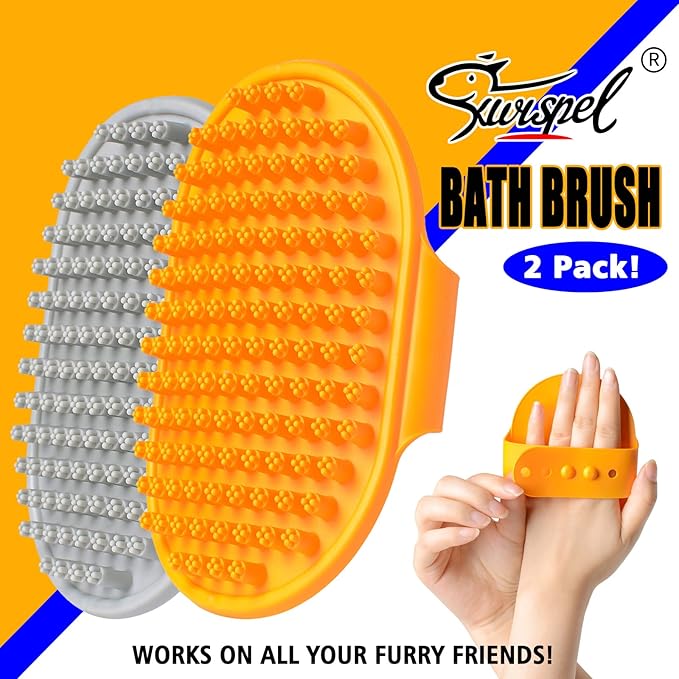 Dog Bath Brush Set - 2 Pcs Rubber Grooming and Shedding Brush for Short and Long Haired Dogs, Cats with Adjustable Handle - Perfect for Washing, Shampooing, and Bathing