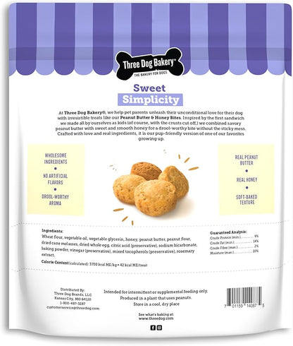 Three Dog Bakery Peanut Butter & Honey Bites - Dog Treats, Dog & Puppy Training Treats, Dog Biscuits, Mess-Free Snacks for Dogs, Human-Inspired Dog Treats