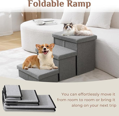 JOLLYVOGUE Dog Steps for Small Dogs, Cat Stairs with Storage, Non-Slip Dog Steps for Beds Couches, Folding Pet Stairs Helper for High Beds, Dog Ramp for Small Dogs and Cats or Pets Friendly, 2-Tiers