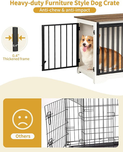 Dog Crate Furniture, 32" Double Door Dog Crate with Barn Door, Dog Kennel Indoor, End Side Table Wooden Dog Crates for Small Medium Large Dogs, Anti-Chew Anti-Escape, White Brown DFC83614B