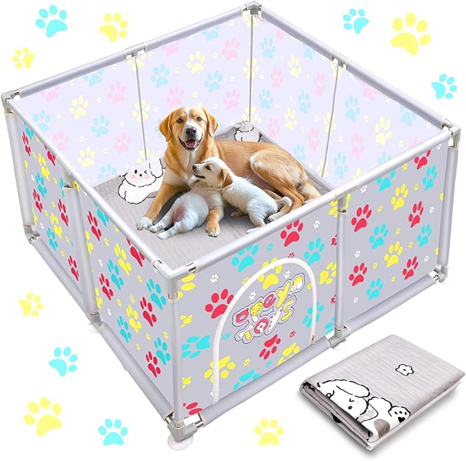 2025 Upgraded Whelping Box for Dogs,24.8’’Extra Tall Dog Whelping Pen with Whelping Pad,Dog Whelping Supplies for Large Small Breed Dogs(47" Dia.x24.8 H) (Grey)