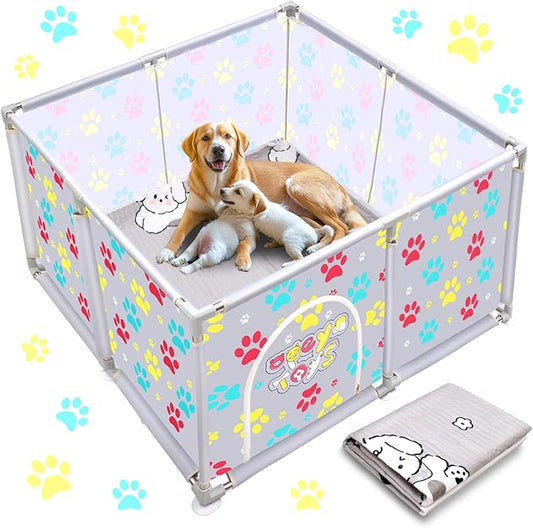 2025 Upgraded Whelping Box for Dogs,24.8’’Extra Tall Dog Whelping Pen with Whelping Pad,Dog Whelping Supplies for Large Small Breed Dogs(47" Dia.x24.8 H) (Grey)