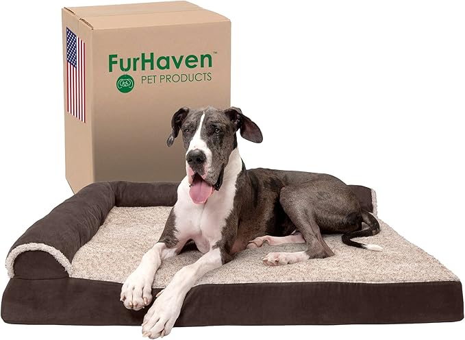 Furhaven Orthopedic Dog Bed for Large Dogs w/ Removable Bolsters & Washable Cover, For Dogs Up to 125 lbs - Two-Tone Plush Faux Fur & Suede L Shaped Chaise - Espresso, Jumbo Plus/XXL