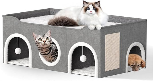All-in-1 Extra-Wide Cat House for Indoor, Multi Cats Puppy Family, Large Cat Cave for Pet House with Fluffy Ball Hanging and Scratch Pad, Foldable Dog Hideaway, 35.4x19.6x13.3 inches, Grey