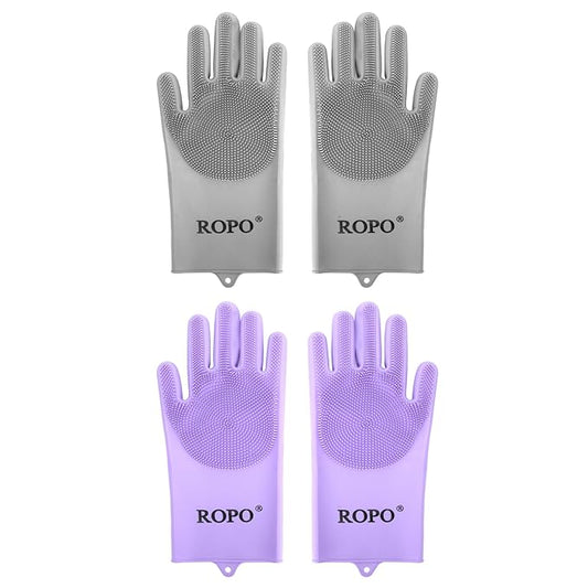 ROPO silicone gloves for pet grooming, multi-functional gloves for pet hair shedding, bathing, and massage (Grey+Purple)