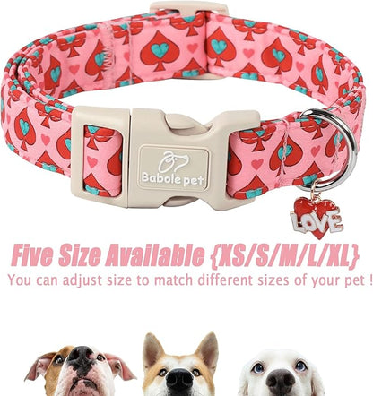 Valentine's Day Dog Collar - Cute Pink Valentines Dog Collar Girl Boy Durable Adjustable Spade Heart Pattern Charm Dog Collars for Small Medium Large Dogs XL
