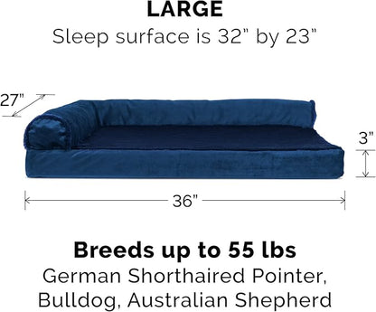 Furhaven Cooling Gel Dog Bed for Large/Medium Dogs w/ Removable Bolsters & Washable Cover, For Dogs Up to 55 lbs - Plush & Velvet L Shaped Chaise - Deep Sapphire, Large