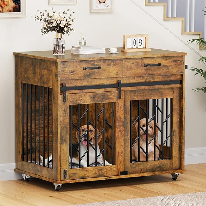 YITAHOME Dog Kennel Furniture for 2 Dogs, 39 inch Double Dog Crate with Storage Drawers, Indoor Wooden Dog House Heavy Duty for 2 Small Medium Dogs, Brown