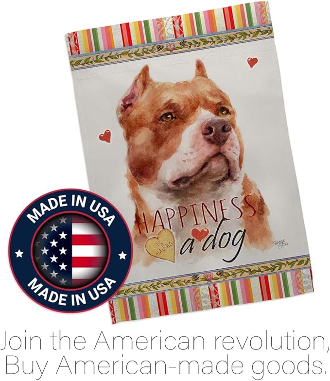 Breeze Decor Fawn Pitbull Happiness House Flag Dowel Set Dog Puppy Spoiled Paw Canine Fur Pet Nature Farm Animal Creature Decoration Banner Small Garden Yard Gift Double-Sided, Made in USA