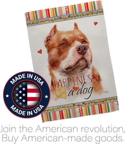 Breeze Decor Fawn Pitbull Happiness House Flag Dowel Set Dog Puppy Spoiled Paw Canine Fur Pet Nature Farm Animal Creature Decoration Banner Small Garden Yard Gift Double-Sided, Made in USA