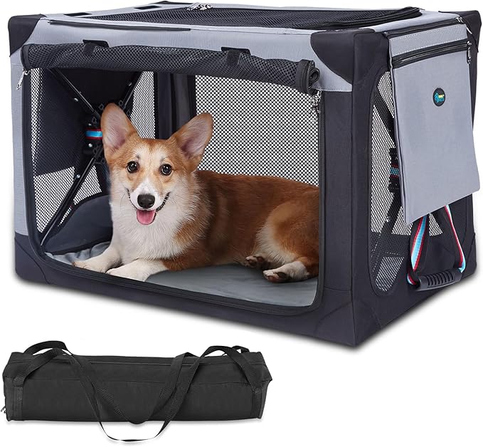 Ownpets Collapsible Dog Crate 26 Inch Portable Travel Dog Soft Crate with Detachable Storage Bag and Double-Sided Mat, 3-Door Dog Kennel for Indoor and Outdoor