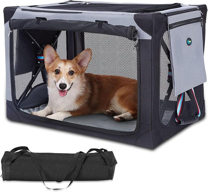 Ownpets Collapsible Dog Crate 26 Inch Portable Travel Dog Soft Crate with Detachable Storage Bag and Double-Sided Mat, 3-Door Dog Kennel for Indoor and Outdoor