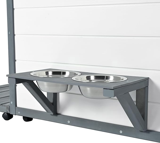 Dog House with Terrace,Weatherproof PVC Roof Small Dogs Kennel W/ 2 Feeding Stainless Bowls and 4 Wheels,Indoor & Outdoor Pine Dog Cage,Easy to Assemble,for Small Dogs,Pets,Gray