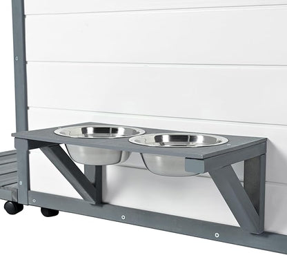Dog House with Terrace,Weatherproof PVC Roof Small Dogs Kennel W/ 2 Feeding Stainless Bowls and 4 Wheels,Indoor & Outdoor Pine Dog Cage,Easy to Assemble,for Small Dogs,Pets,Gray