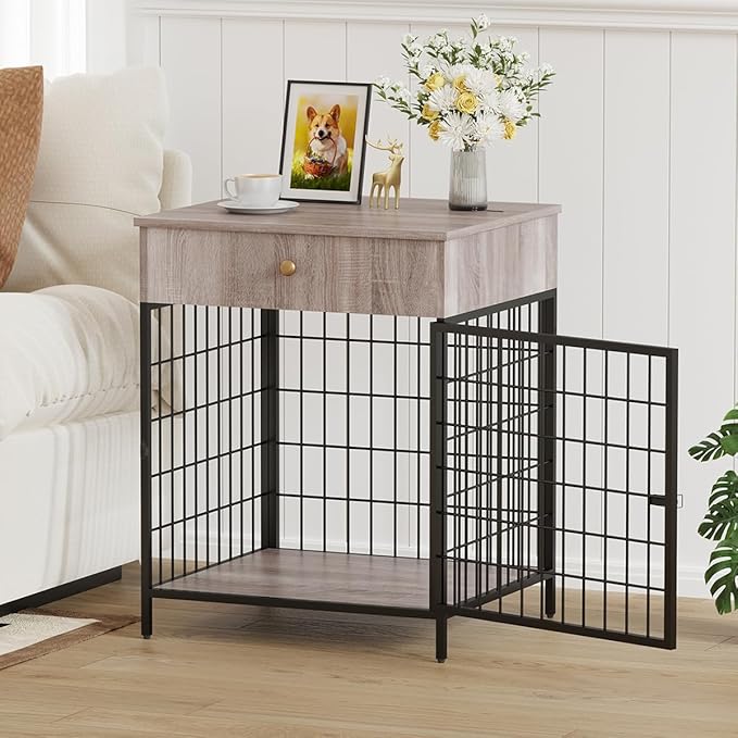 Small Dog Crate End Table,Dog Crate Furniture, Dog Kennel End Table with Storage Drawer, Chew-Proof Metal Fence, Lockable Door, Wooden Pet Cage Side Table Indoor