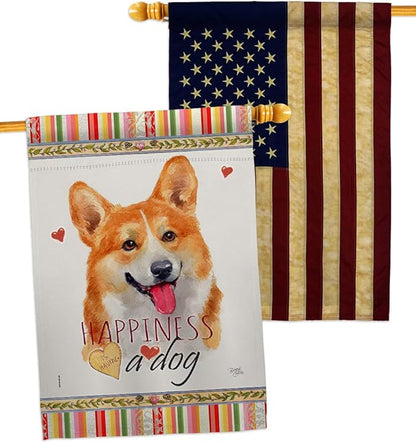 Breeze Decor Fawn Corgi Happiness House Flag Pack Dog Puppy Spoiled Paw Canine Fur Pet Nature Farm Animal Creature Vintage Applique Banner Small Garden Yard Gift Double-Sided, Made in USA