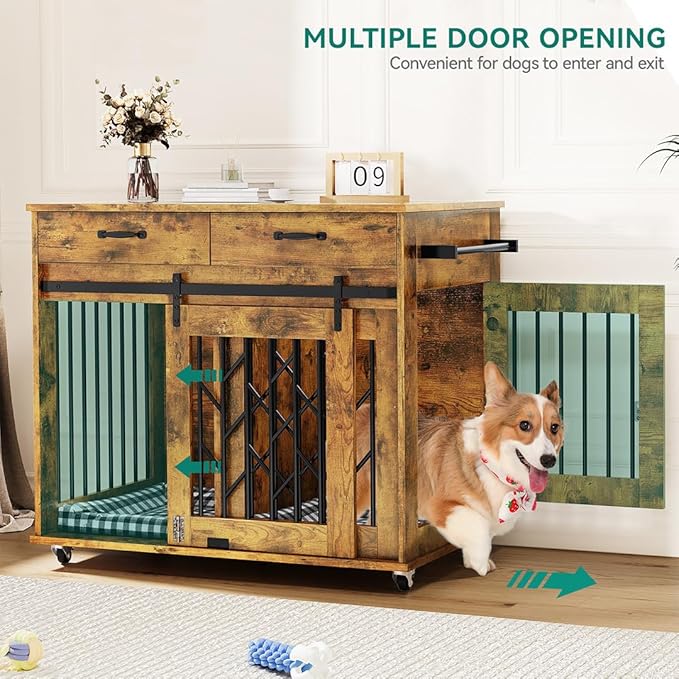 YITAHOME Dog Kennel Furniture for 2 Dogs, 39 inch Double Dog Crate with Storage Drawers, Indoor Wooden Dog House Heavy Duty for 2 Small Medium Dogs, Brown