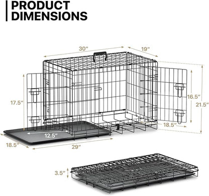 MoNiBloom 24/30/36/42/48 Dog Crates, Foldable Metal Wire Dog Cage with Double-Door, Outdoor Indoor Pet Kennels, Includes Leak-Proof Pan, Divider Panel, Black, 30"