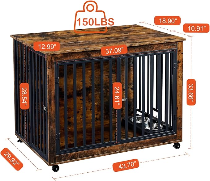 Furniture Dog Crate with Pull-Out Bowls, Wood Dog Kennel End Table with Wheels & Flip-Top, Indoor Pet House for Small to Medium Dogs/Cats, Simple Assembly Brown 43.7" W x 30" D x 33.7" H
